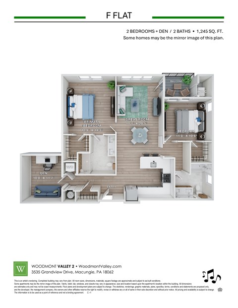 Floor plan for 2 beds, 2 baths, 1245 sqft